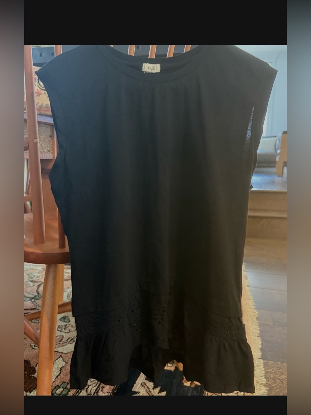 Anthropologie Black Crewneck Top with eyelet lace long hem- Small